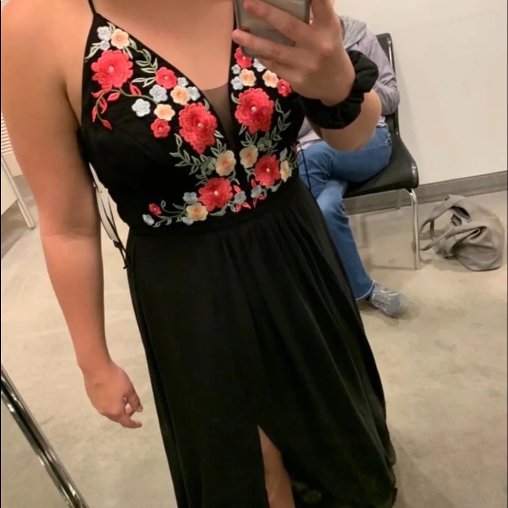 Black prom dress with embroidered flowers!